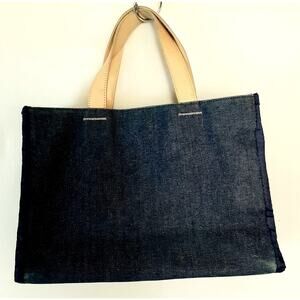 Amanda Smith Blue Med Wash Denim Tote Bag Beige Leather Handle Inside Zip Pocket